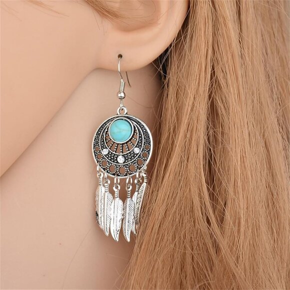 Retro Bohemian Dream Catcher Earrings with Turquoise Tassels - A Magical Gift - Picture 2 of 3